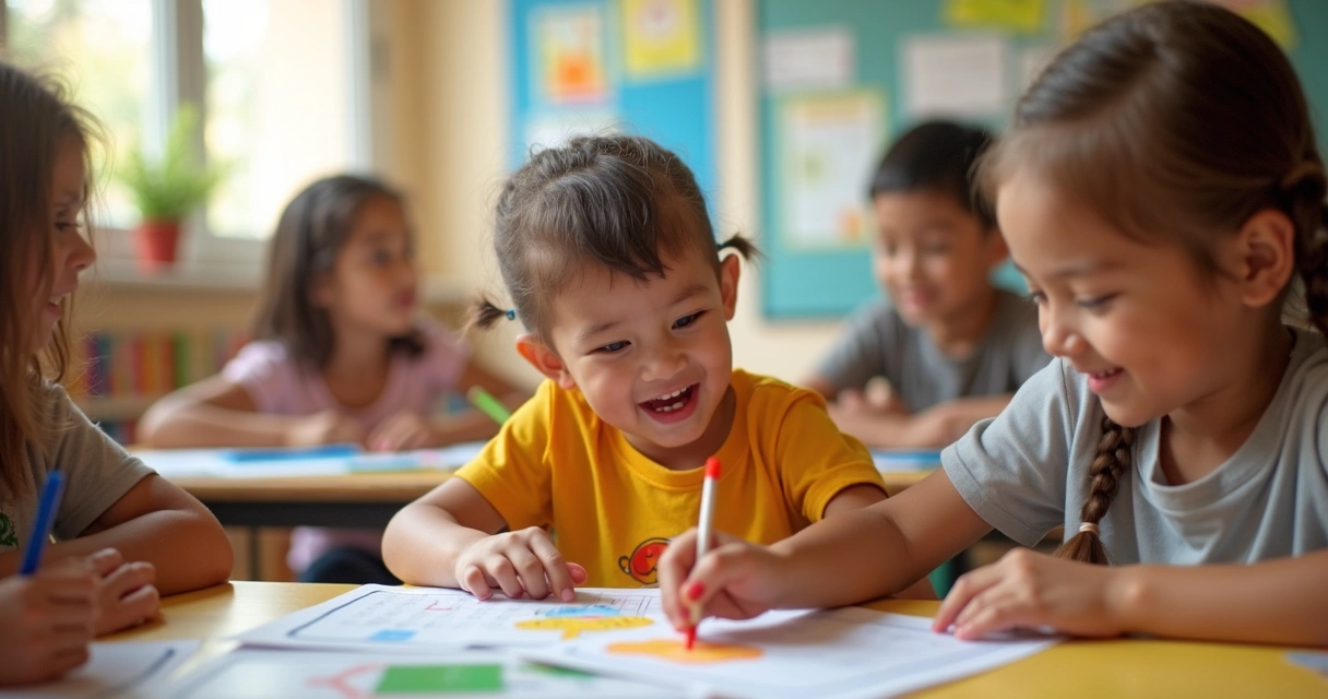 Criança com deficiência feliz ao criar em ambiente escolar adaptado 