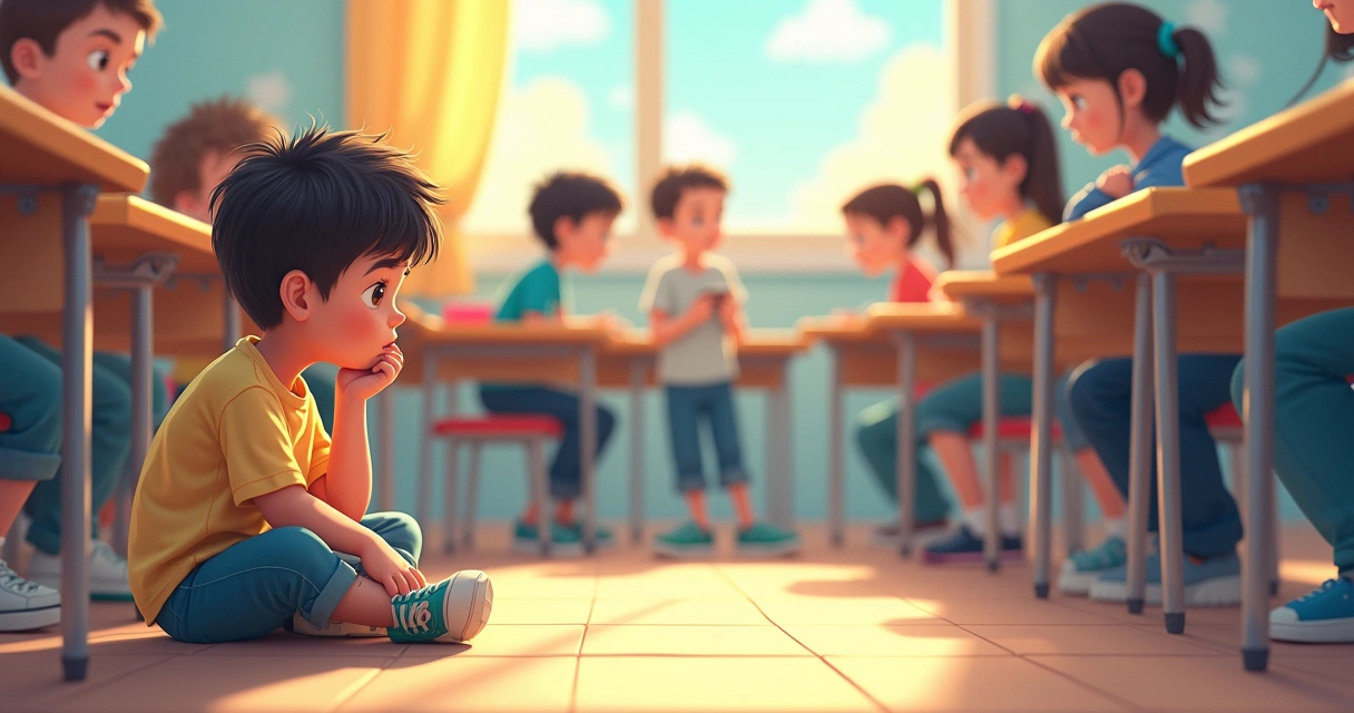 Criança em ambiente escolar, isolada de colegas 