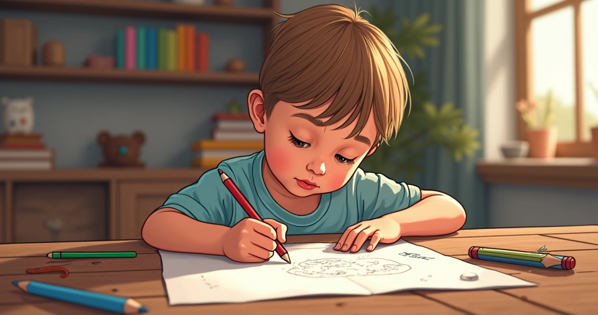 Criança desenhando com lápis de cor em papel branco 