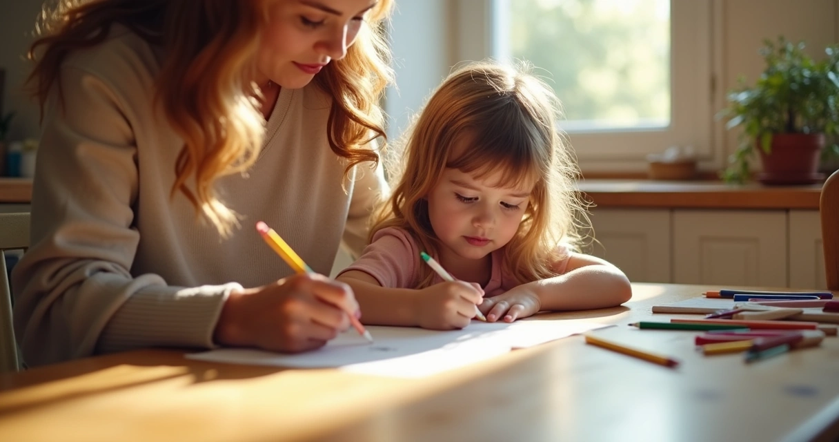 Criança desenha com apoio da mãe 