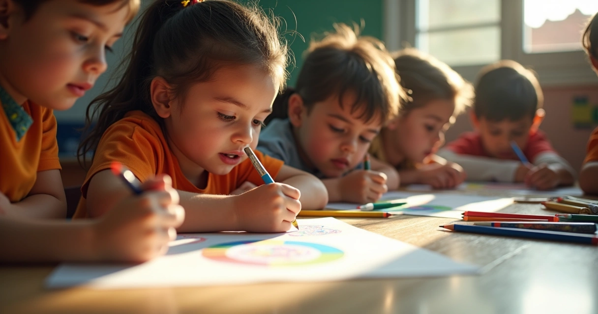 Criança desenhando em sala enquanto colegas observam. 