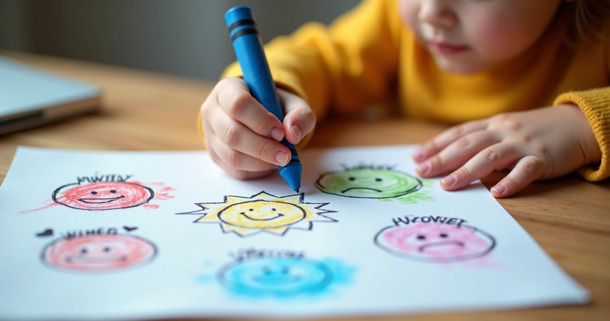 Criança desenhando emoções em papel colorido 