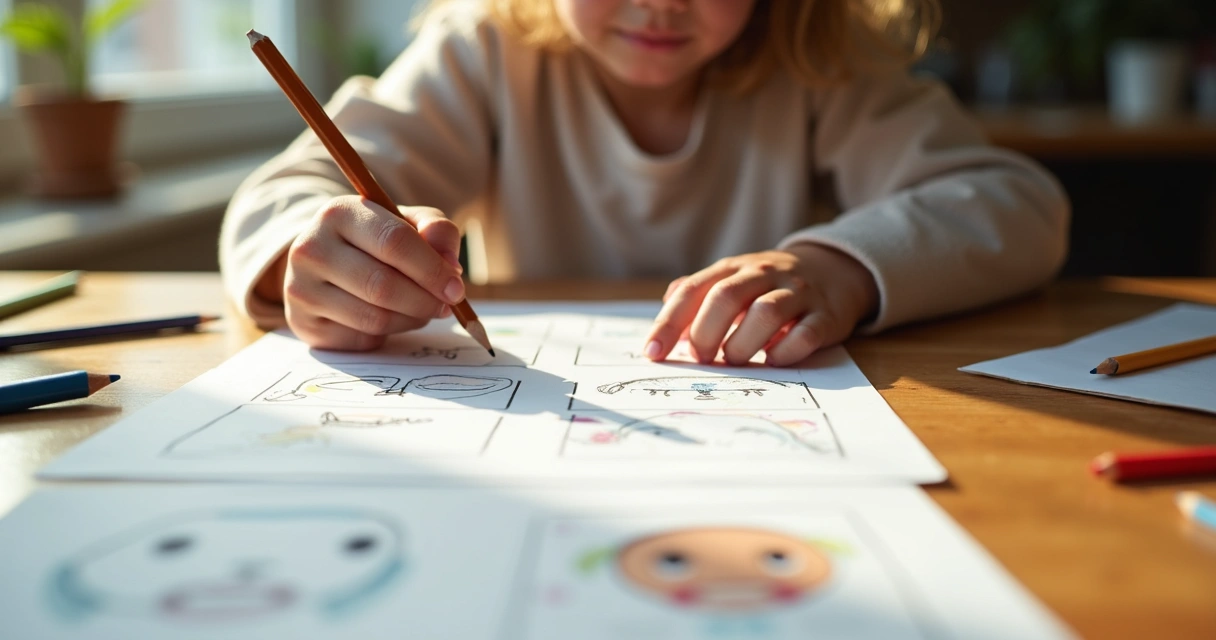 Criança desenhando emoções em mesa com lápis coloridos