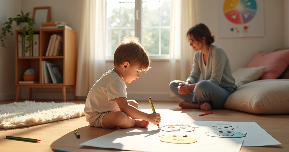 Criança desenhando emoções coloridas no chão de uma sala acolhedora 