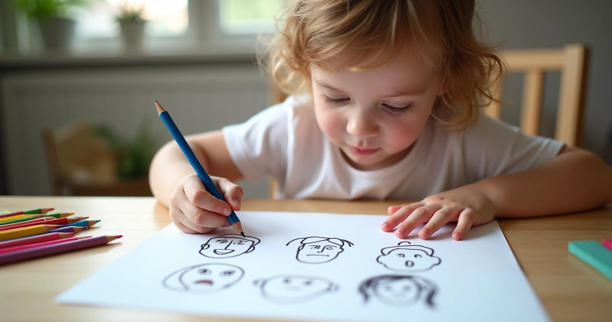 Criança desenhando rostos de emoções em papel 