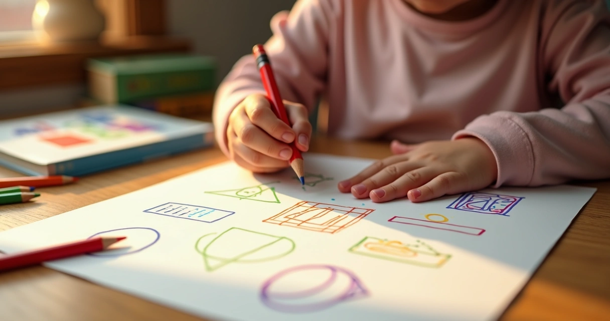Criança desenhando formas geométricas com lápis de cor 