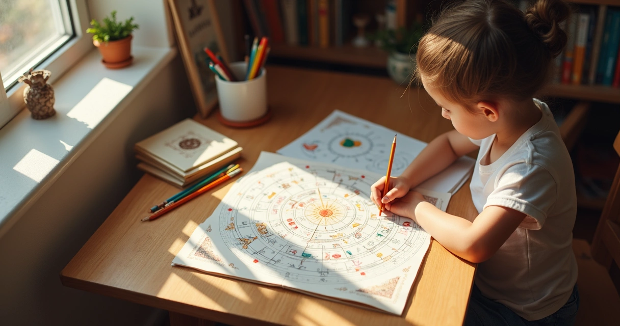 Criança desenhando enquanto um mapa astral aparece ao lado 