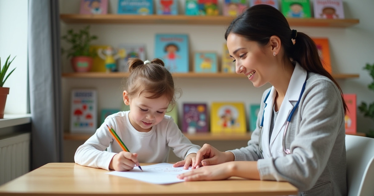 Criança desenhando com psicóloga durante terapia infantil 