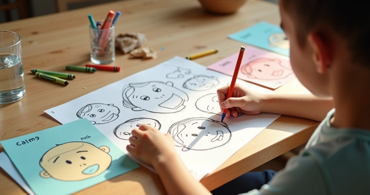 Criança desenhando emoções em folhas coloridas