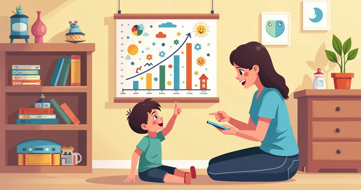 Criança ao lado de uma tabela colorida de desenvolvimento 