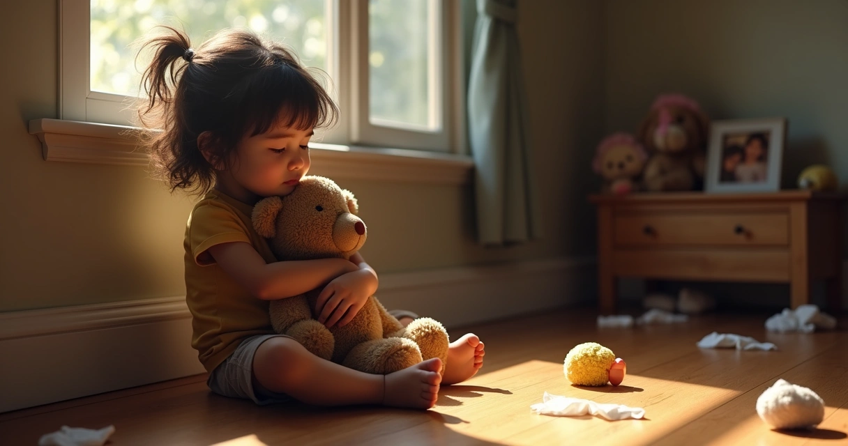 Menina com ursinho de pelúcia no colo demonstra tristeza sentada no chão 