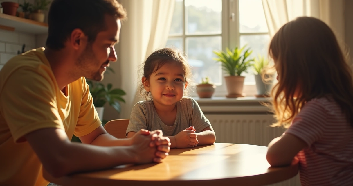 Criança conversando de mãos dadas com adulto durante dinâmica familiar 