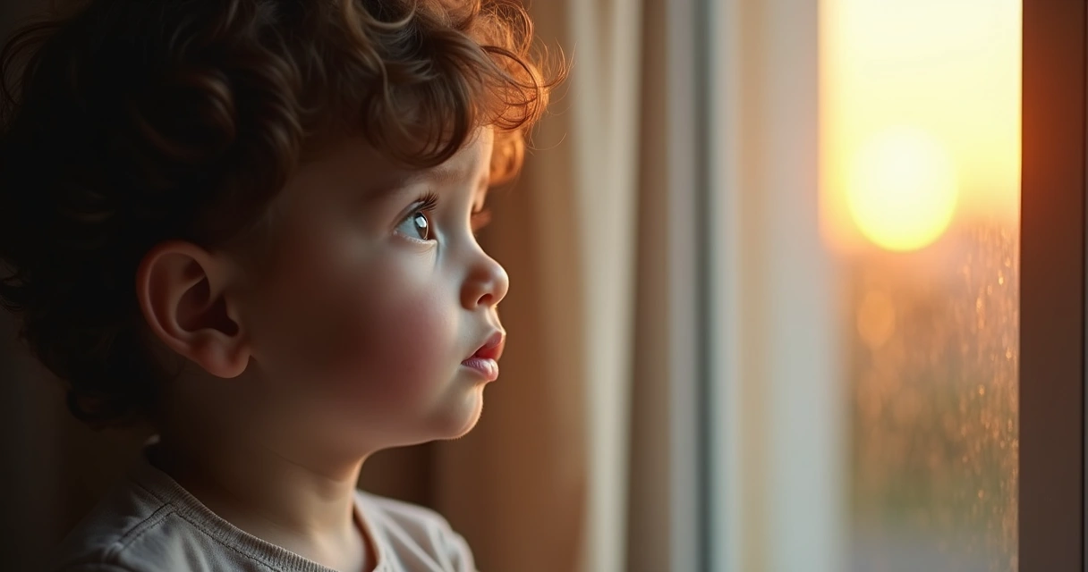 Criança olhando pela janela com luz suave iluminando seu rosto 