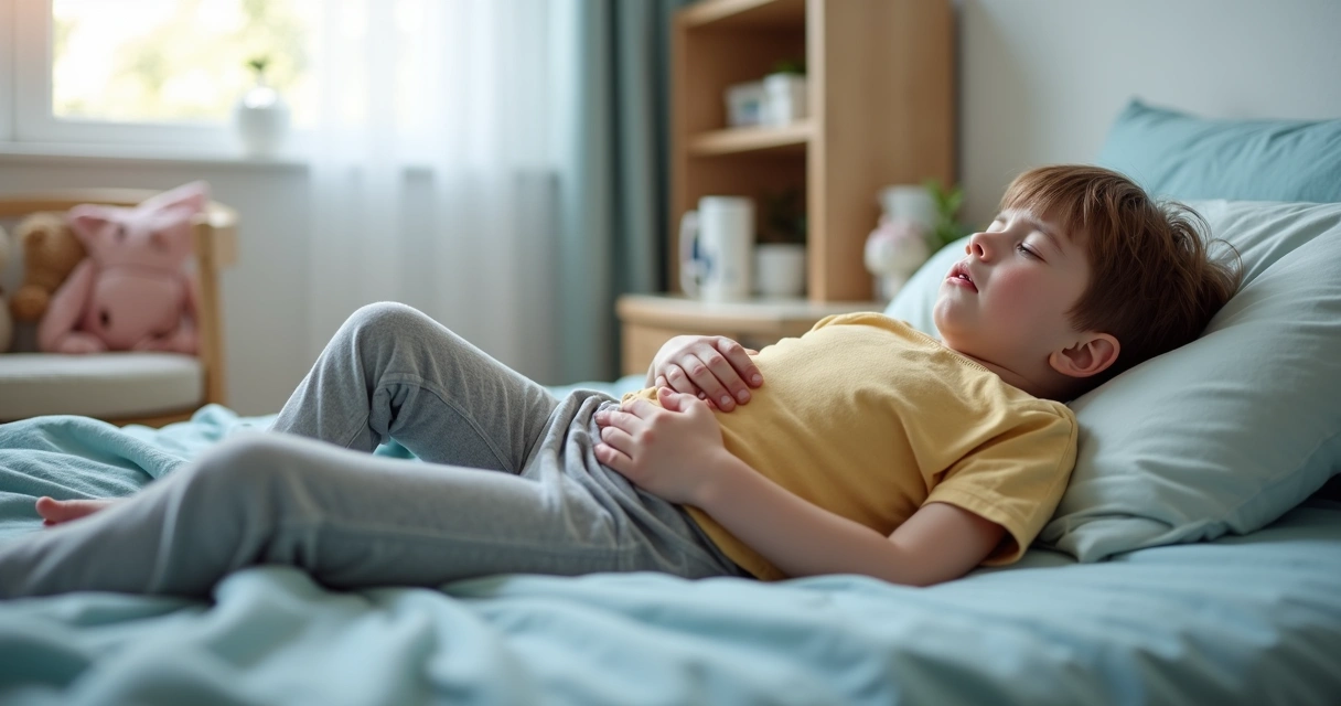 Criança deitada na cama apontando para a barriga com expressão de dor leve 