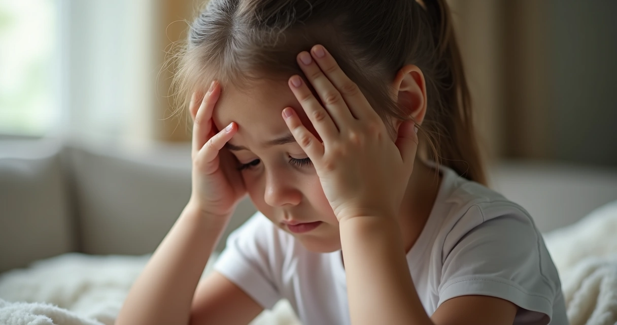 Menina com expressão de dor segurando a testa 