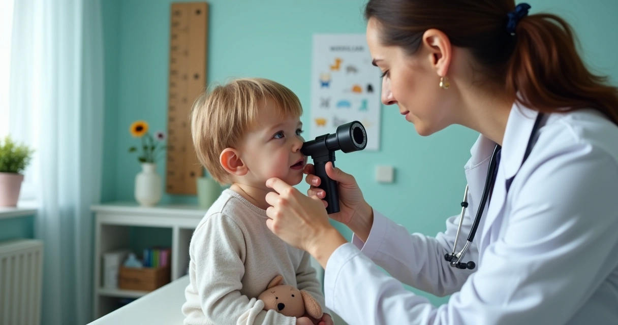 Pediatra examinando o ouvido de uma criança pequena com dor no consultório 