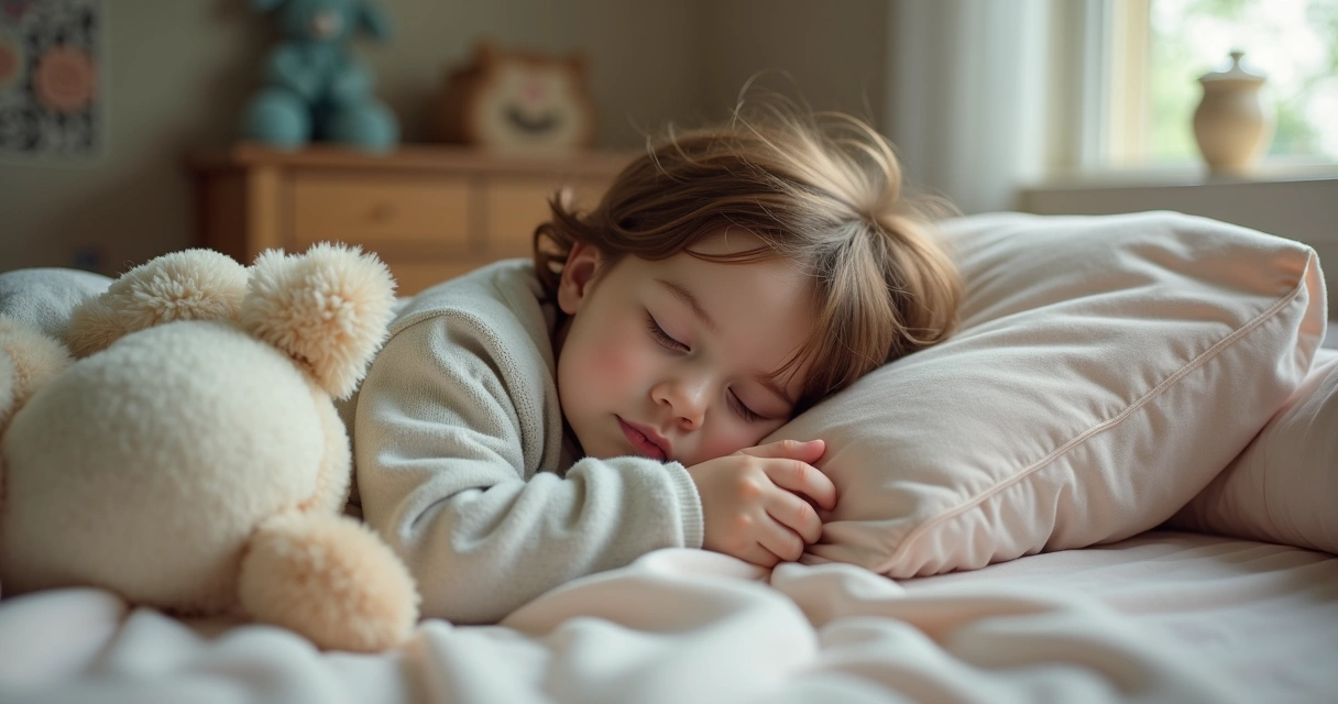 Criança dormindo em cama confortável ao lado de brinquedos 
