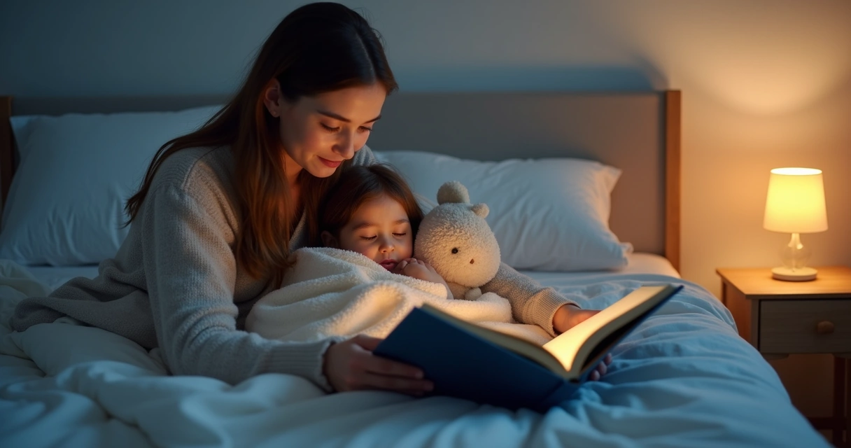 Mãe lendo historinha para criança na cama antes de dormir 