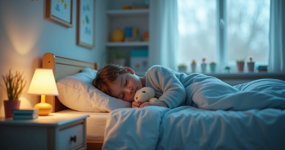 Criança pequena dormindo tranquilamente em quarto acolhedor com luz suave 