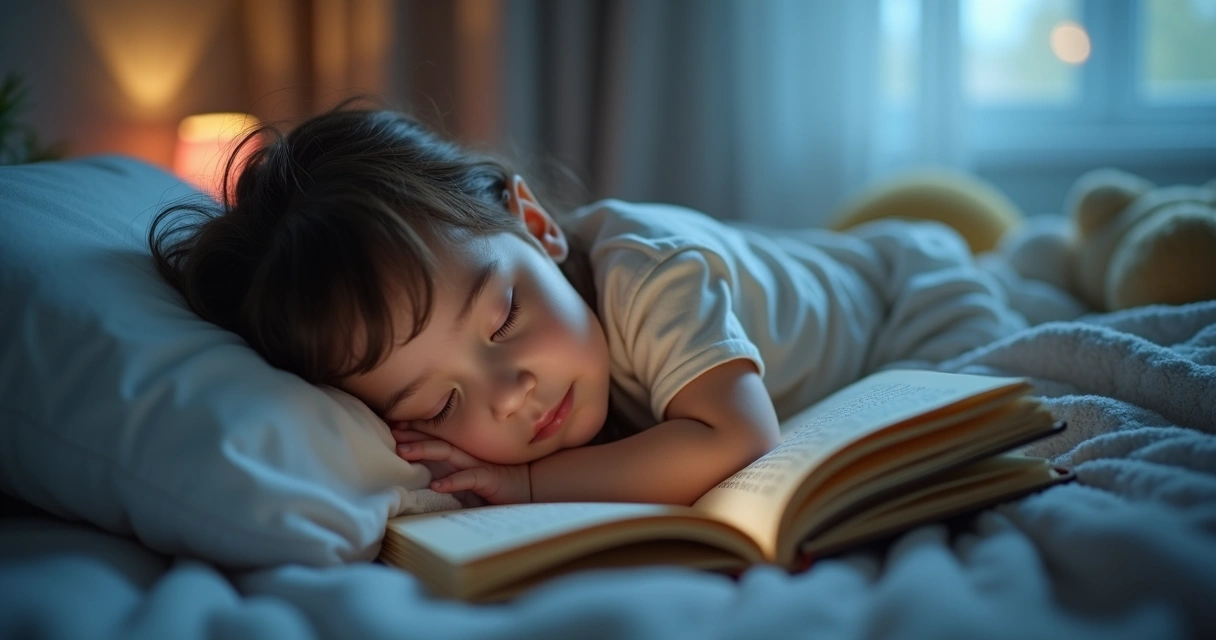 Criança dormindo com sorriso leve e livro ao lado 