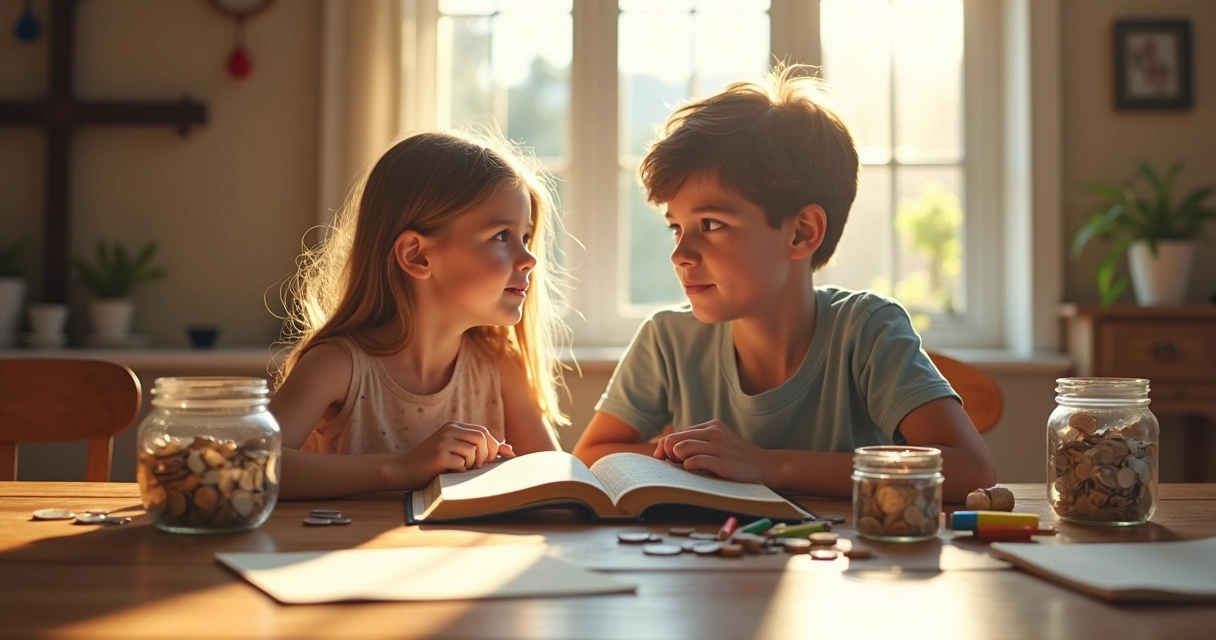 Criança e jovem estudando finanças cristãs juntos com Bíblia e moedas 