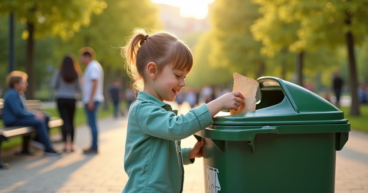 Criança colocando papel no lixo coletivo de parque 