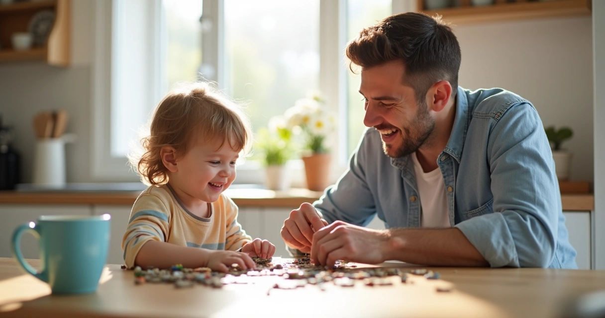 Criança e pai brincando juntos em uma mesa, sorrindo e se olhando