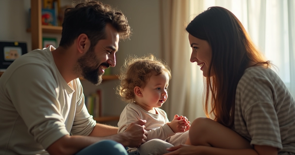 Criança e pais conversando de forma acolhedora 