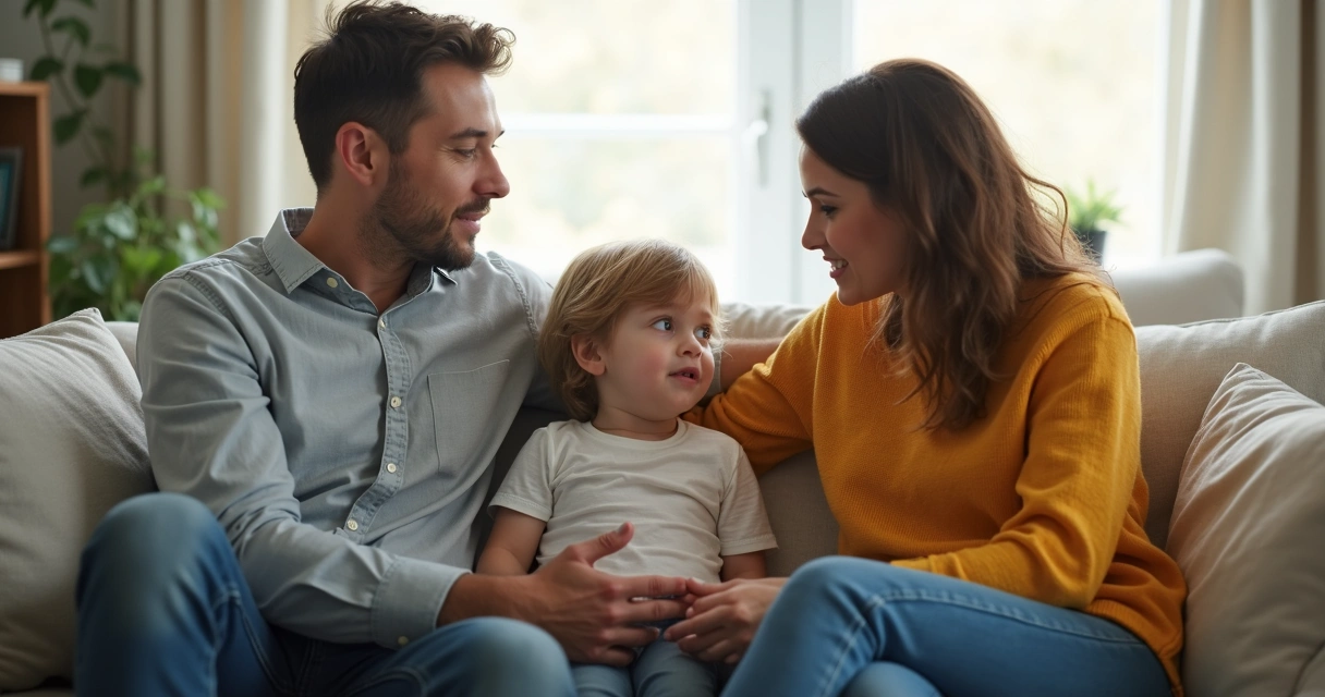 Pais sentados com criança no sofá conversando