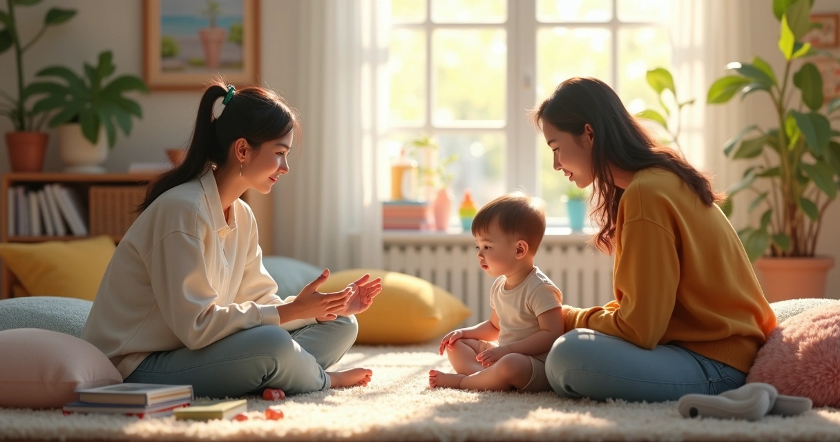 Criança pequena sentada com pais em roda, diálogo emocional e expressão de sentimentos em ambiente acolhedor e colorido 