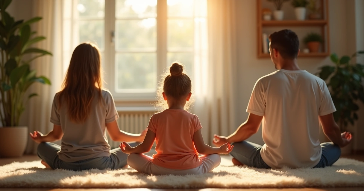 Criança e pais meditando juntos em sala de estar 