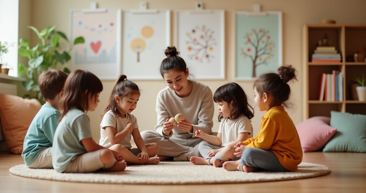 Criança e educadora sentadas em círculo em sala de aula calma com elementos de natureza e símbolos de consciência 