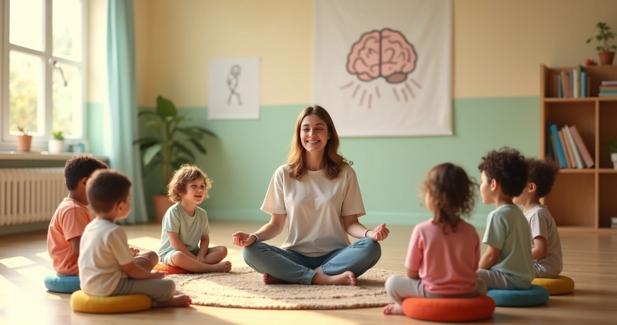 Educadora sentada em círculo com crianças pequenas praticando meditação em sala de aula clara 