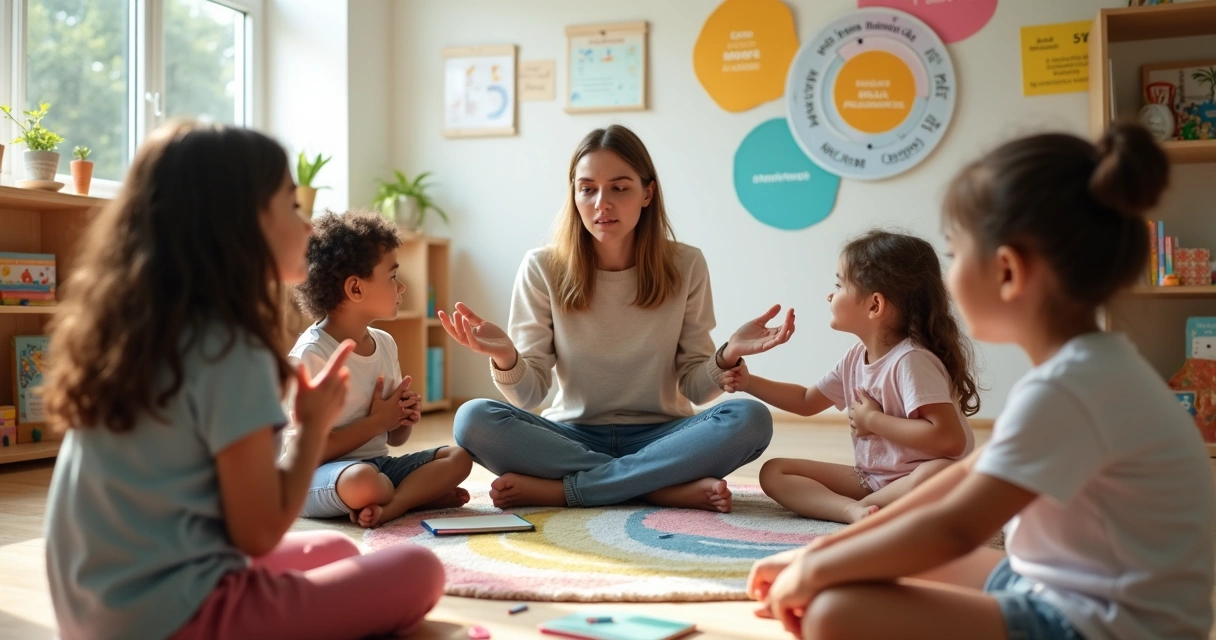 Educadora sentada em roda com crianças pequenas em sala de aula acolhedora 