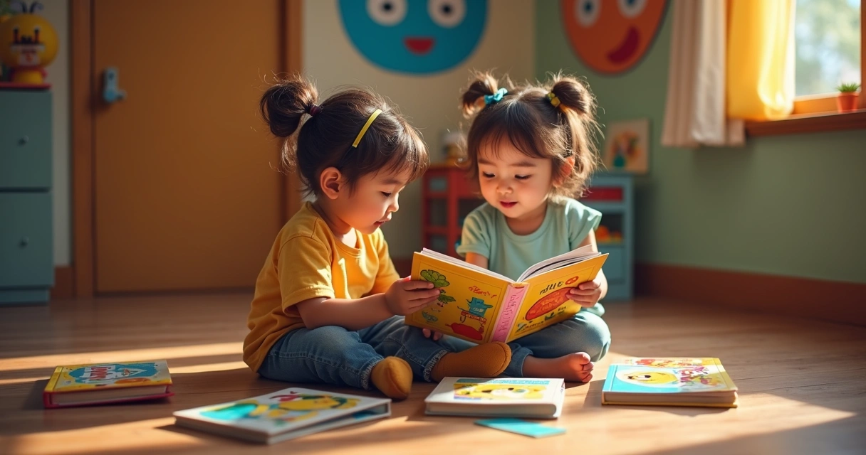 Criança sentada no chão lendo livro colorido sobre emoções com adulto ao lado, rodeados por vários livros infantis coloridos e ilustrações de rostos expressando alegria, medo, raiva e amor 