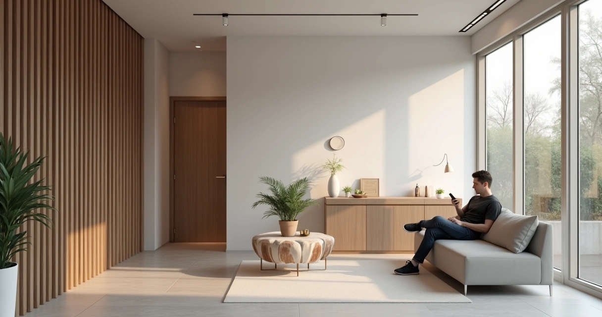 Homem em clínica de estética sentado em sala moderna e discreta 