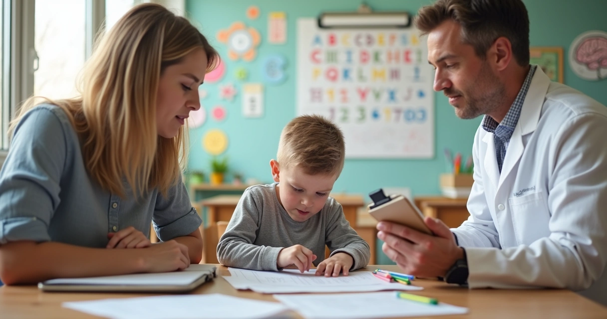 Criança em sala de aula sendo observada por neurologista e professora durante atividade escolar 