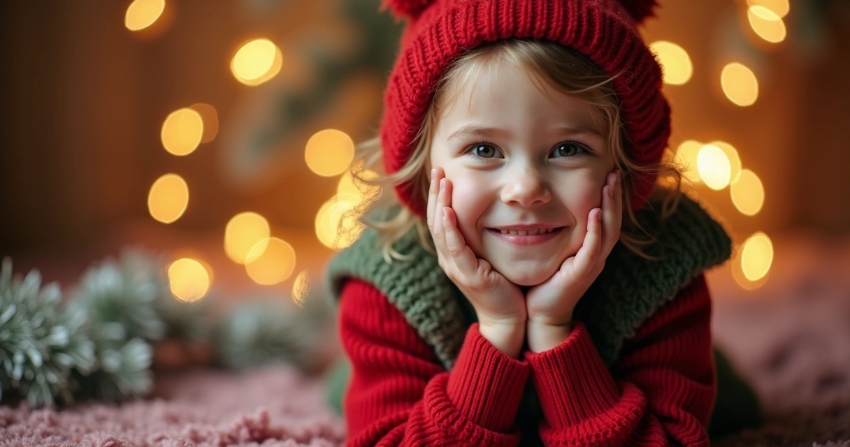 Criança em ensaio temático de Natal com decoração e luzes 