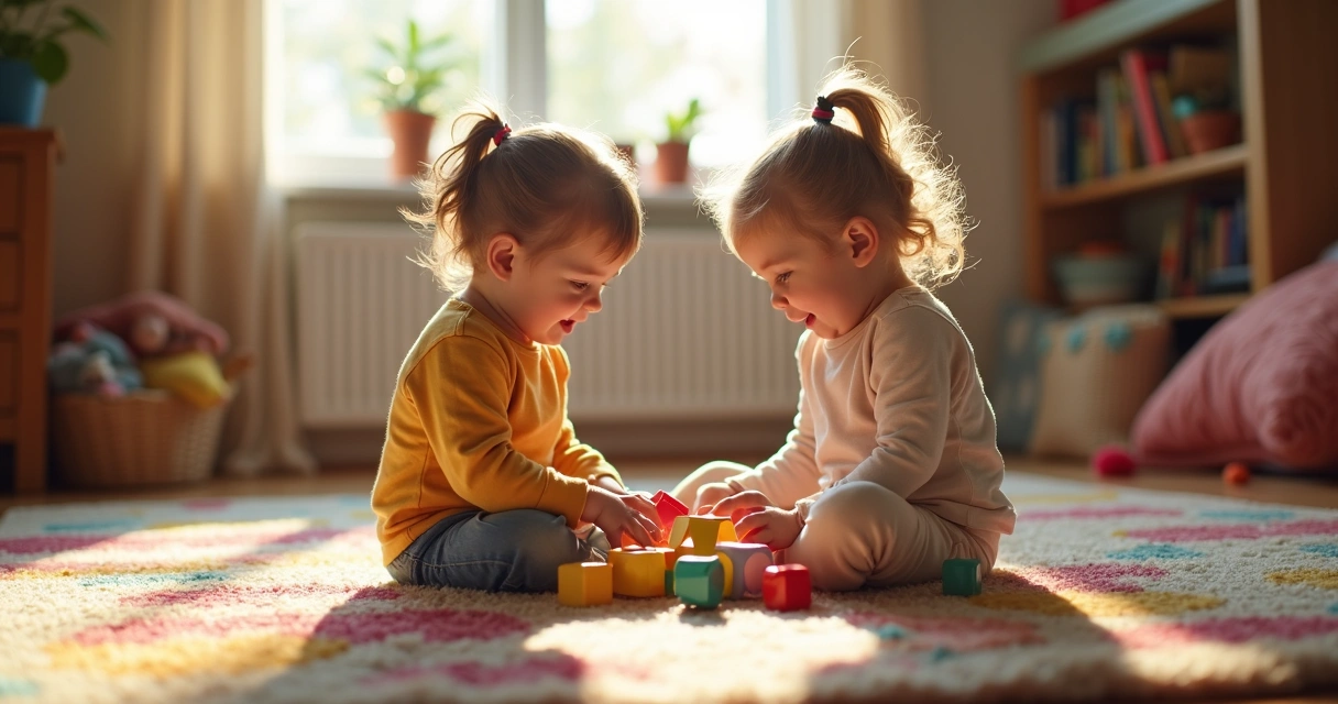 Duas crianças compartilhando brinquedos dentro de casa 