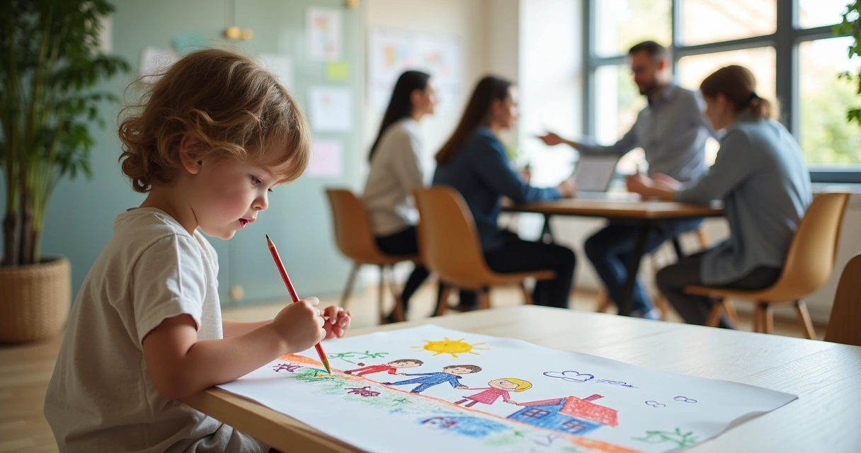 Criança desenhando ao lado de equipe em reunião em escritório moderno 