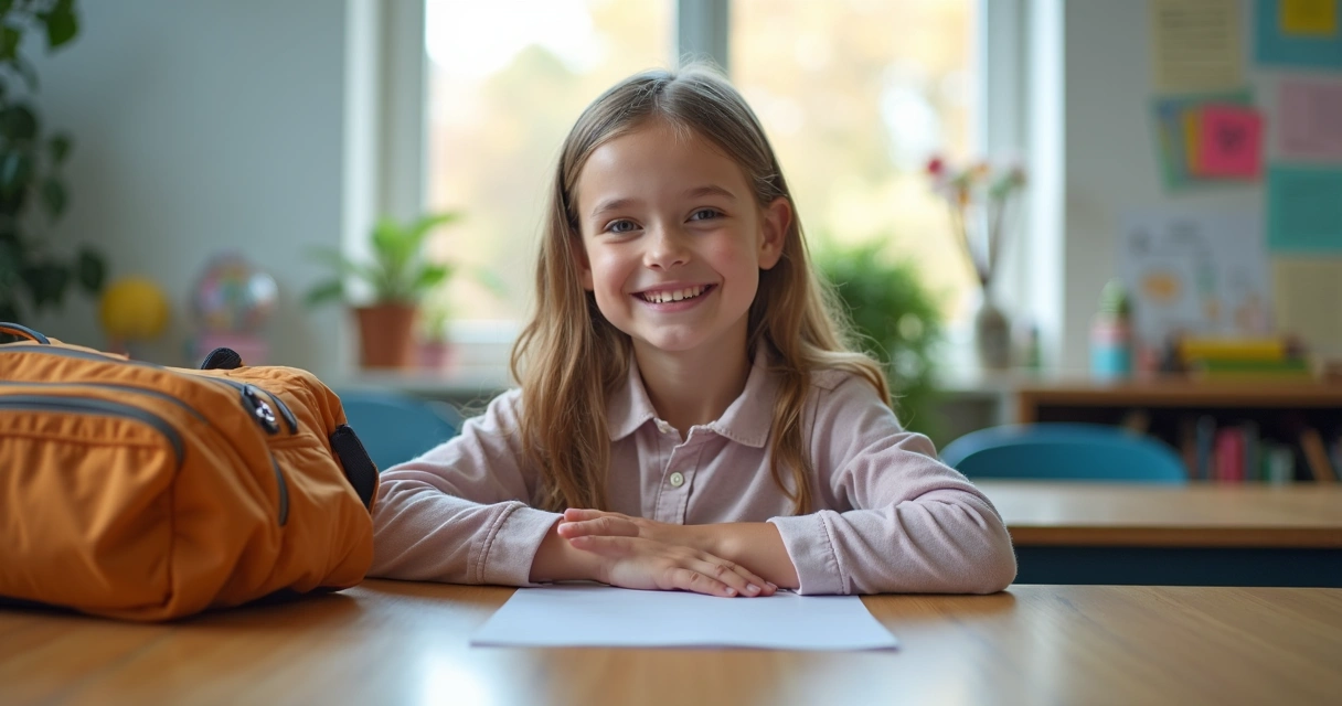 Menina sorrindo sentada em sala de aula, mochilas e quadros ao fundo 