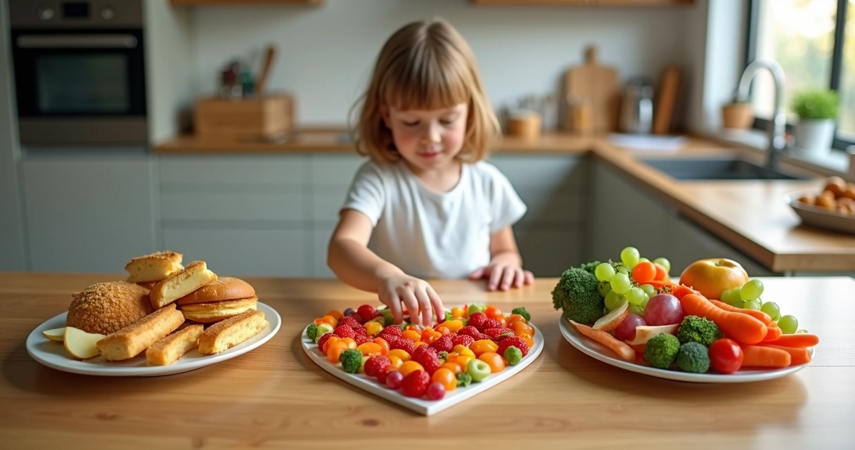 Criança escolhendo alimentos saudáveis em mesa com desenho de coração feito de legumes 