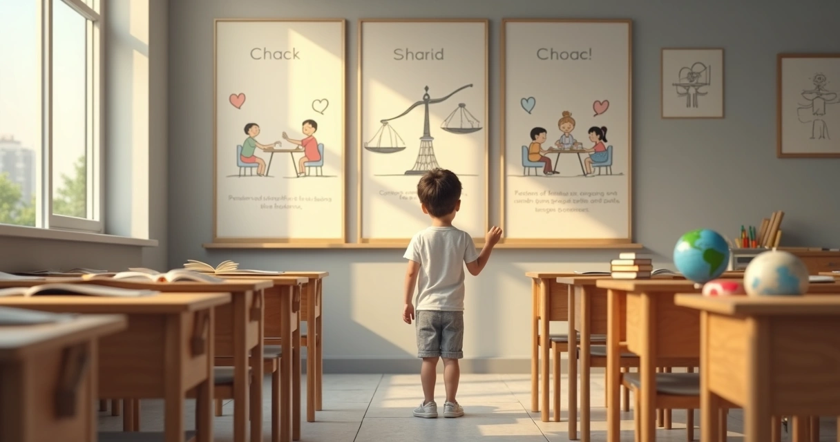 Criança diante de painéis coloridos escolhendo caminhos diferentes 