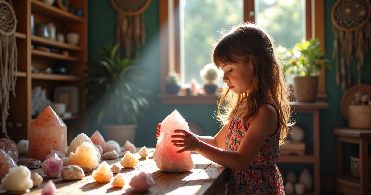 Menina segurando quartzo rosa grande em loja mística 