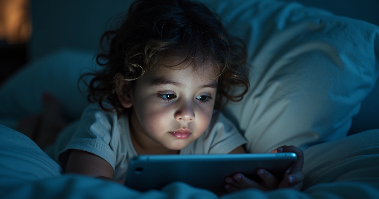 Criança sentada na cama escolhendo uma história infantil em tablet à noite 