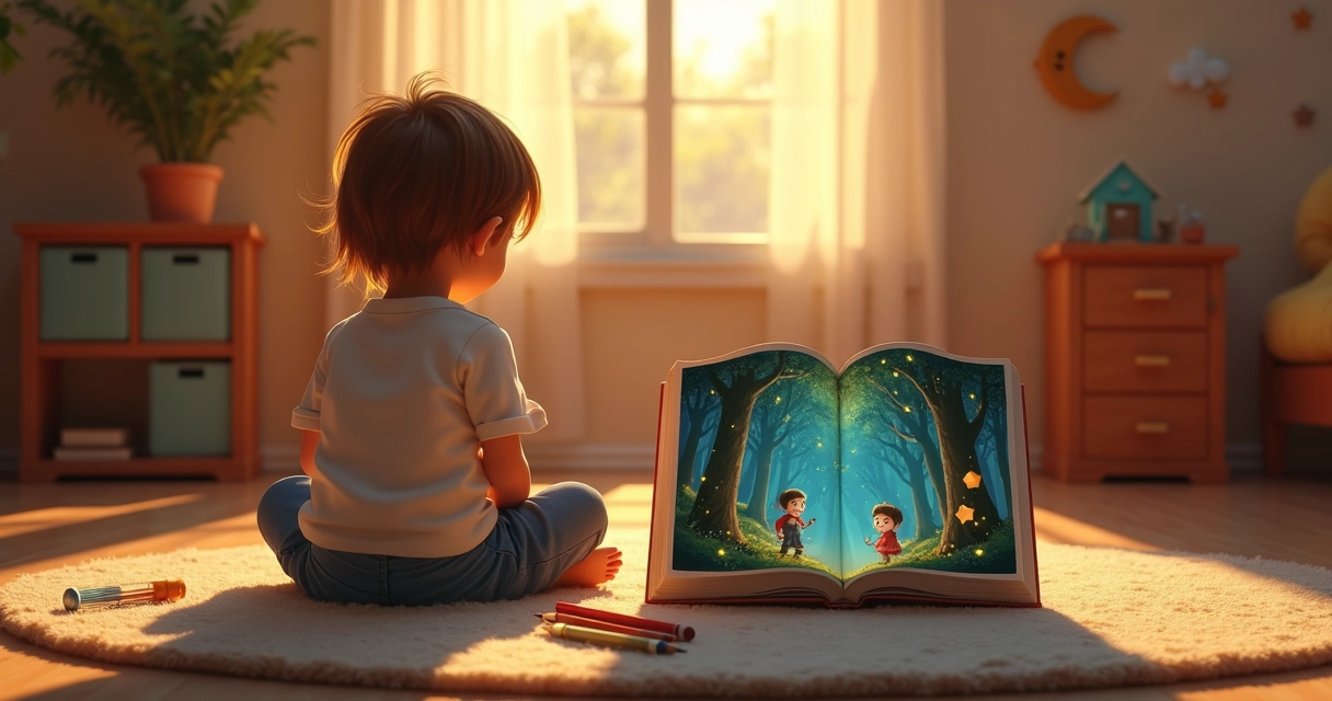 Criança escolhe entre livro personalizado aberto e tablet com avatar colorido 