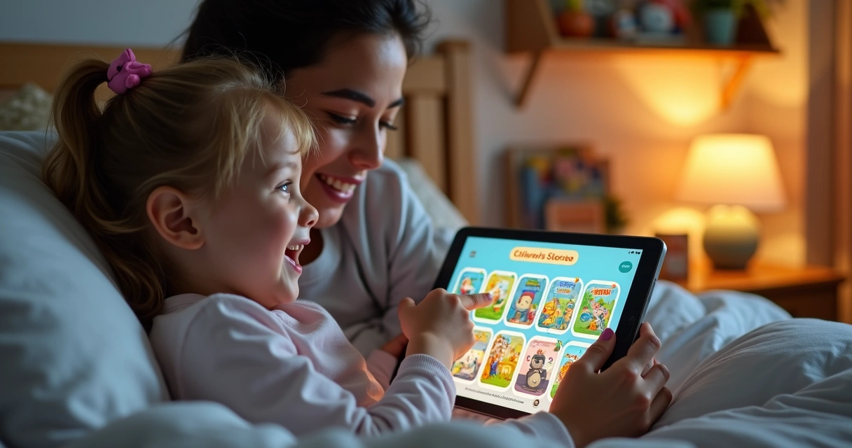 Criança apontando para tela digital com várias histórias ilustradas 