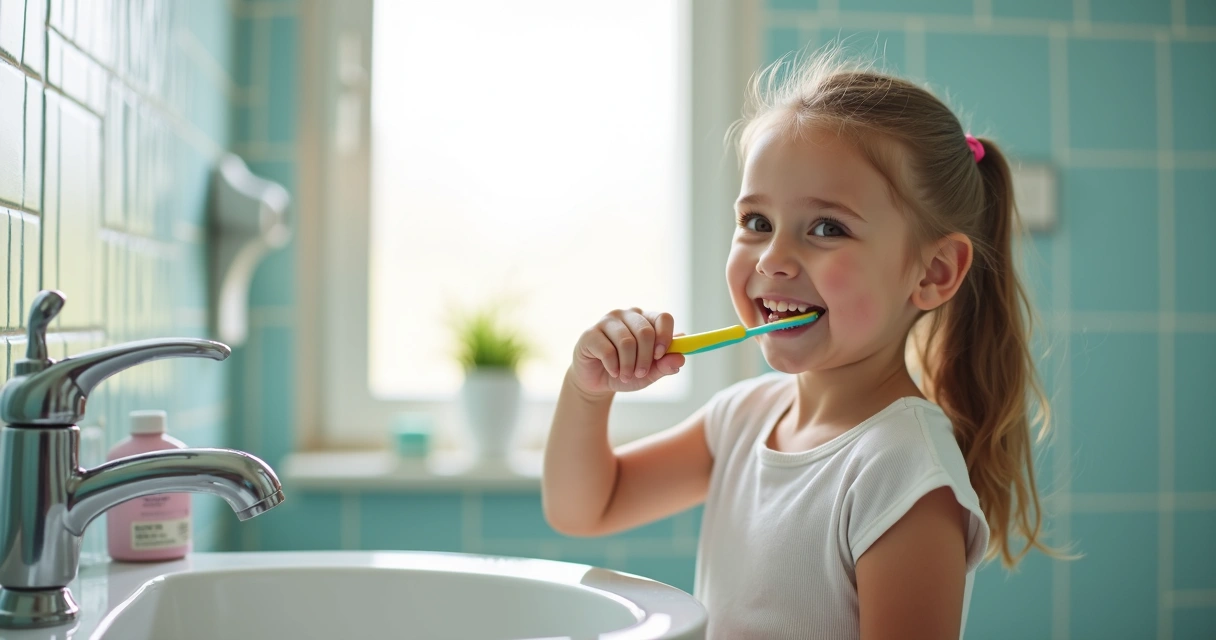 Menina escovando os dentes com sorriso feliz 