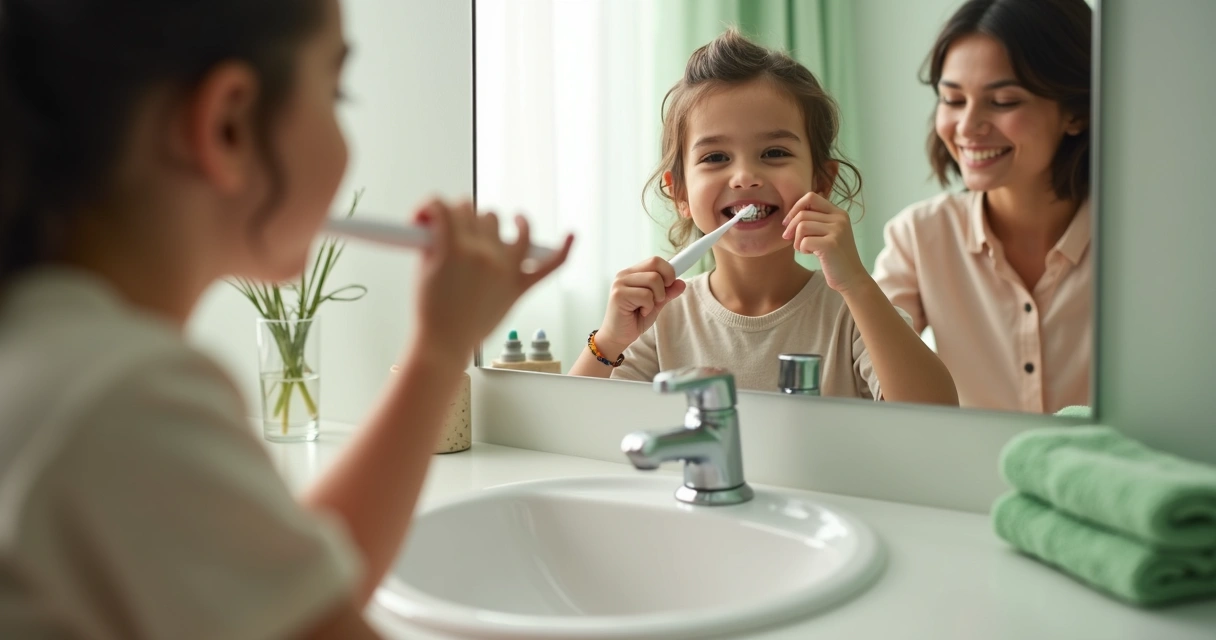 Criança escovando os dentes diante do espelho 