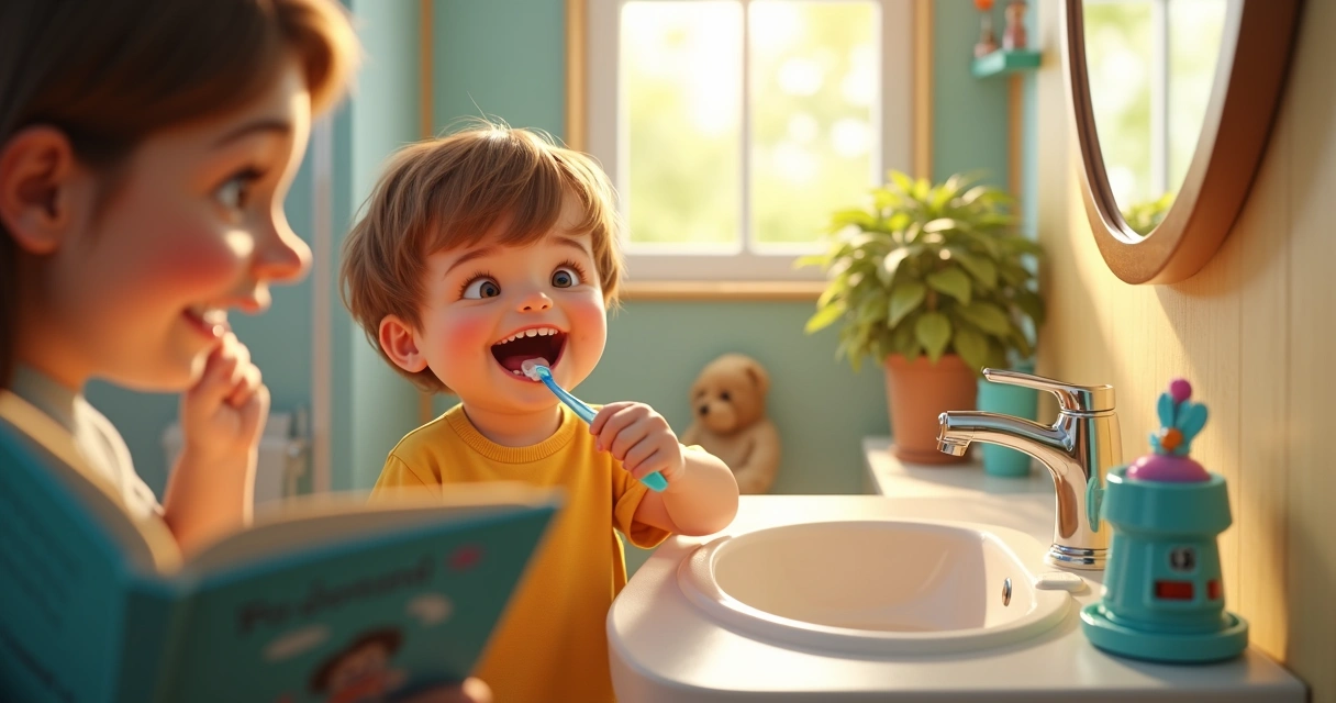 Criança escovando os dentes com um adulto lendo uma historinha divertida dentro do banheiro colorido 